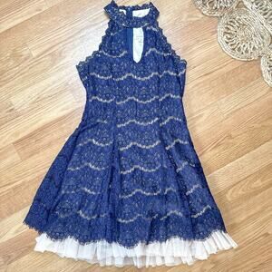 francesca's Navy Blue Lace Mini Dress Tulle Skirt High Neck Sleeveless Dress